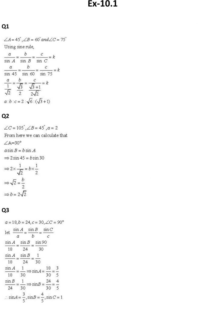 NCERT Solutions Class 11 Mathematics RD Sharma Sine and Cosine Formulae and Their Applications