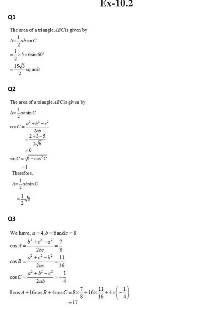 NCERT Solutions Class 11 Mathematics RD Sharma Sine and Cosine Formulae and Their Applications